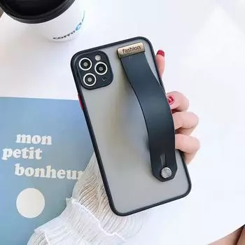 Противоударный матовый полупрозрачный чехол-браслет с эффектом кожи для iPhone Samsung Huawei Honor Xiaomi Redmi OPPO Realme Vivo Infinix Tecno OnePlus 9 Pro чёрный