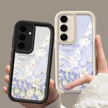 Противоударный мягкий чехол для Samsung S25 S24 S22 Ultra Plus S23 S21 Fe A55 A54 A52 A35 A15 5g масляная живопись цветы узор силиконовый защитный чехол для объектива Samsung S24 кофейный
