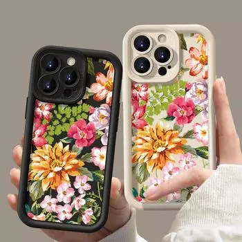 Противоударный мягкий чехол TPU для iPhone 16 15 Pro Max 14 Plus 13 12 11 Pro Max Xr X Xs 7 8 Plus цветочный узор защитный чехол для объектива телефона iPhone 15 чёрный