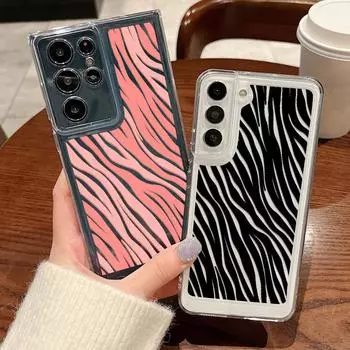 Противоударный прозрачный чехол для телефона с цветочным принтом для Samsung S24 S23 Ultra S22 S21 Plus S20 A55 A54 A33 A14, мягкий силиконовый чехол в полоску зебры Samsung S24 розовый