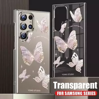 Противоударный прозрачный чехол для телефона Samsung S24 S23 S22 Ultra S21 S20 Fe A54 A34 A14 с цветочным принтом бабочки, ПУ, жесткий чехол из ТПУ