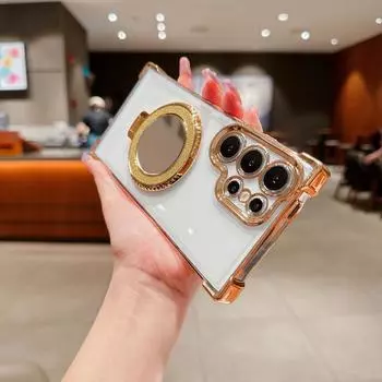 Противоударный прозрачный чехол для телефона Samsung S24 Ultra S24 Plus S23 Ultra A15 A25 A35 A55 A54 A34 Magsafe, магнитный держатель для беспроводной зарядки for Samsung S23 золотой