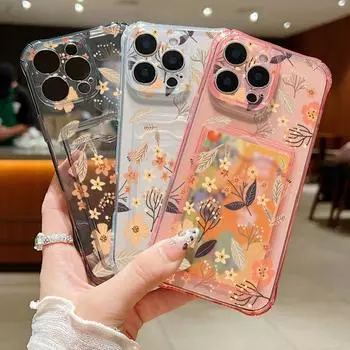 Противоударный прозрачный чехол с отделением для карт памяти, оранжевый цветочный узор для iPhone 16 15 Pro 14 13 Pro Max 12 11, мягкий силиконовый тонкий защитный чехол для объектива от падения iPhone 16 серый