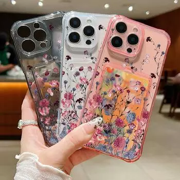 Противоударный силиконовый чехол с фиолетовым цветочным узором для iPhone 16 15 Pro 14 13 Pro Max 12 11, прозрачная тонкая крышка для защиты линз iPhone 16 чёрный