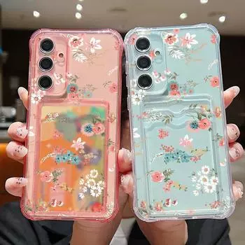 Противоударный силиконовый мягкий чехол для мобильного телефона с отделением для карт памяти для Samsung S24 FE S23 S22 Ultra A16 A15 A55 A54 A35 розовый цветочный тонкий прозрачный защитный чехол для телефона Samsung S24 FE чёрный