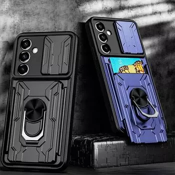 Противоударный защитный чехол для камеры со слайд-объективом для Samsung A54 A24 A14 A13 A04S A73 A52 A51 A71 M53 M62 M52, слот для карт, кошелек, кольцо-подставка, держатель, твердый чехол for Samsung A04S чёрный