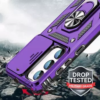 Противоударный защитный чехол для Samsung Galaxy S23 FE Магнитный автомобильный держатель для колец Подставка для задней панели Чехол Сдвижная крышка объектива для Galaxy S23 Ultra S23 Plus S23 + Чехлы For Samsung S23 Ultra чёрный