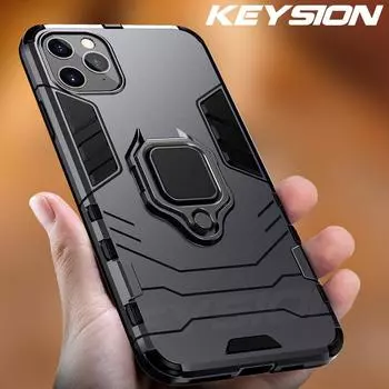 Противоударный защитный чехол KEYSION для iPhone 11 Pro Max XS XR 6S 7 8 Plus 5s с подставкой, автомобильный кольцевой чехол для телефона For iPhone 11 Pro чёрный
