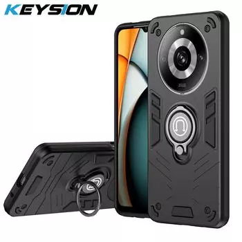 Противоударный защитный чехол KEYSION для Realme 11 Pro+ 11 5G 11X, силиконовый чехол с металлическим кольцом и подставкой из поликарбоната для OPPO Realme 12 Pro + 5G for Realme 11 Pro+ серый