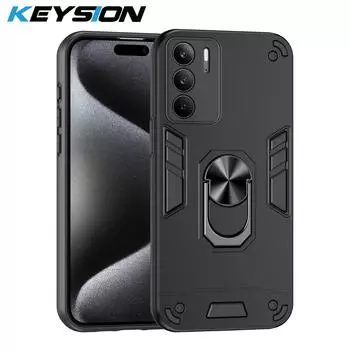 Противоударный защитный чехол KEYSION для Realme C75, мягкий силикон + защитное кольцо для камеры ПК, подставка для телефона, задняя крышка для OPPO Realme C75 for Realme C75 чёрный