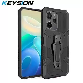 Противоударный защитный чехол KEYSION для Redmi 12 4G 12 5G 12C, силиконовый + ПК, металлическая подставка, задняя крышка с зажимом для телефона для Xiaomi POCO M6 Pro 5G for Redmi 12 красный