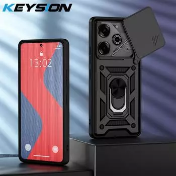 Противоударный защитный чехол KEYSION для TECNO Pova 6 Pro 5G Slide Camera Защитный чехол для объектива с металлическим кольцом и подставкой для телефона POVA 6 Neo for Tecno Pova 6 чёрный