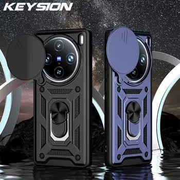 Противоударный защитный чехол KEYSION для VIVO X100 Pro 5G Slide Camera Защитное кольцо для объектива Подставка для телефона Задняя крышка для VIVO X100 Pro for VIVO X100 красный