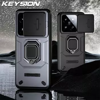 Противоударный защитный чехол KEYSION для Xiaomi 14 Pro 5G, силиконовый + ПК, защитное кольцо для объектива камеры с кольцом-подставкой, чехол для телефона для Xiaomi 14 for Xiaomi 14 серый