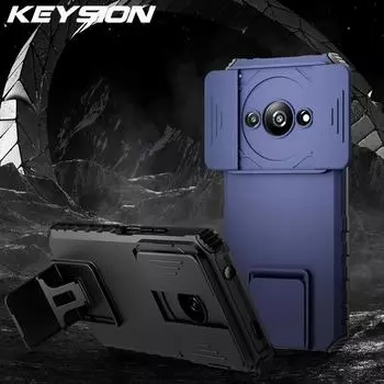 Противоударный защитный чехол KEYSION для Xiaomi Redmi A3 A3X Slide Push Pull Camera Lens Protection Live Stand Phone Cover для POCO C61 for POCO C61 красный