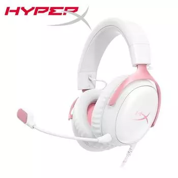 Проводная игровая гарнитура HyperX Cloud III розового цвета, CS2, FPS, CSGO, ПК, PS5, Xbox Series X|S, динамики 53 мм, DTS Spatial Audio, микрофон Ultra-Clear 10 мм, USB-C, USB-A, 3,5 мм красный/чёрный