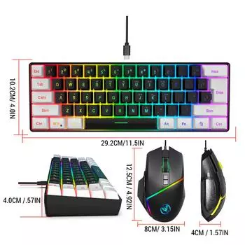 Проводная клавиатура и мышь, набор из 61 клавиши, цветная мембранная клавиатура с подсветкой, 12800, высокая скорость движения чёрный