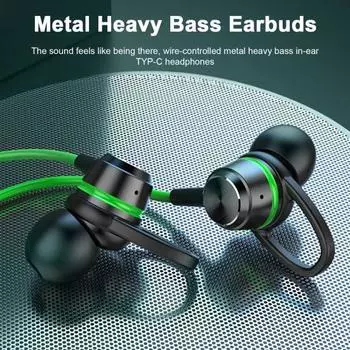 Проводные наушники 3,5 мм, стереонаушники-вкладыши с микрофоном, чистый бас, шумоподавление, металлические тяжелые басы, спортивная гарнитура с громкой связью для игр, музыки, фитнеса зелёный