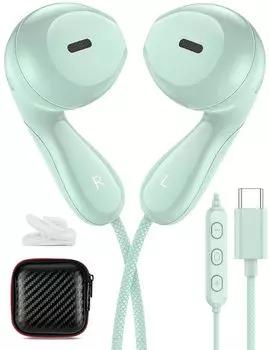 Проводные наушники ASKUBSKU Type C с микрофоном, наушники USB Type C, дистанционное управление вызовами, совместимые с OPPO Reno7A Pro, совместимые с Google зелёный