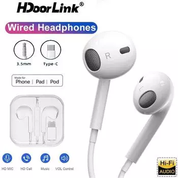 Проводные наушники HdoorLink для Apple 15 14 13, Hi-Fi бас-музыка, наушники-вкладыши Handfree, наушники Type-C 3,5 мм, ios с микрофоном для планшета Samsung Xiaomi 3.5mm Earphone белый