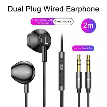 Проводные наушники с микрофоном, двойной штекер 3,5 мм, полувкладыши, шумоподавление, управление линией, запись потоковой передачи в реальном времени, игровые наушники-вкладыши чёрный