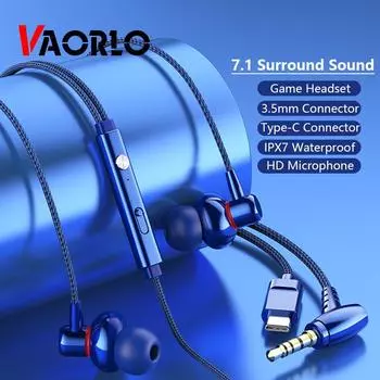 Проводные наушники VAORLO 7,1 с объемным звуком 3,5 мм и разъемом Type-C с HD-микрофоном IPX7, водонепроницаемые для гарнитуры Andrpid XiaoMi Huawei