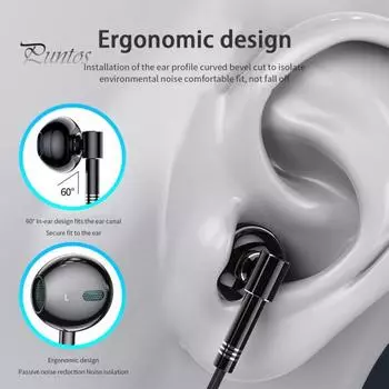 Проводные наушники-вкладыши стерео объемное прослушивание музыки высокая четкость звонков 3 дБ звонки изогнутый штекер воротникового типа двойной микрофон наушники-вкладыши аксессуары для записи чёрный