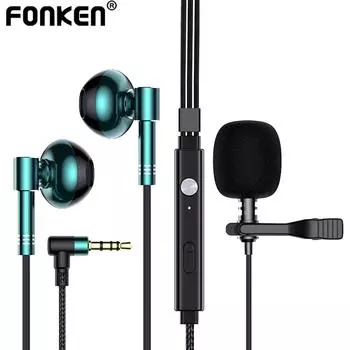 Проводные петличные наушники Fonken с разъемом 3,5 мм, двойной микрофон, наушники с громкой связью, клипса для записи вокала, петличный микрофон, живой микрофон 1,5 м чёрный