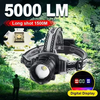 Прожектор дальнего действия, налобный фонарь, перезаряжаемый через USB, белый лазерный фонарь, головной фонарь для рыбалки, аккумуляторы 18650 Without batteries чёрный