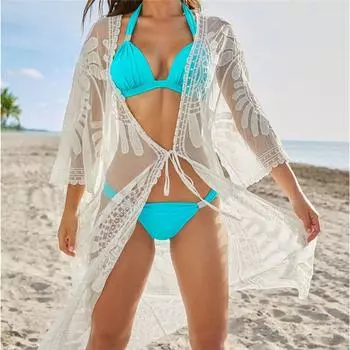 Прозрачная белая кружевная туника, пляжная накидка, женская пляжная одежда больших размеров, сексуальное прозрачное бикини One Size белый