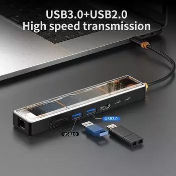 Прозрачная док-станция USB-C HDMl-адаптер 8-в-1 с HDTV, USB3.0, зарядкой PD, портами SD/TF2.0, RJ45100M для Mac iPad DELL