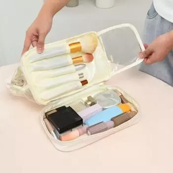 Прозрачная двухслойная косметичка для женщин, косметичка большой емкости, косметичка из искусственной кожи, для хранения кистей, для путешествий, для женщин белый