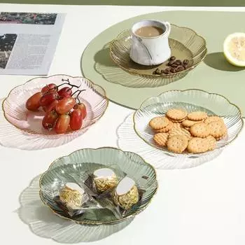 Прозрачная фруктовая тарелка с золотым краем, штабелируемая тарелка для закусок, небьющаяся круглая тарелка для салата, десерта, обеденная тарелка, принадлежности для столовой