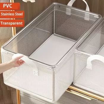 Прозрачная корзина для хранения одежды из ПВХ, ящик для хранения нижнего белья, каркас из нержавеющей стали, органайзер для гардероба, водонепроницаемая тканевая коробка