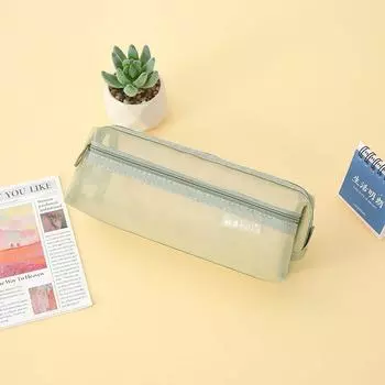 Прозрачная косметичка для хранения, пенал на молнии, двойная сетка, студенческая зелёный