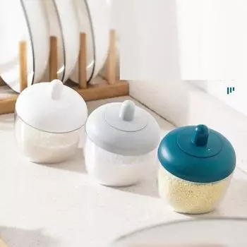 Прозрачная креативная кухонная круглая банка в японском стиле. Бутылка для приправы с ложкой и крышкой. Влаго- и пылезащитная крышка. синий