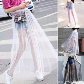 Прозрачная марлевая юбка. Стильная дышащая очаровательная элегантная модная однослойная сетчатая юбка. Летняя одежда. чёрный