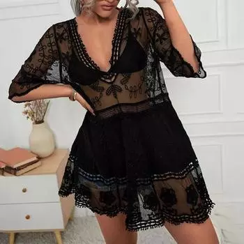 Прозрачная накидка с V-образным вырезом и половиной рукава, вязаная крючком кружевная кисточка с шариком, чехол для купальника белый