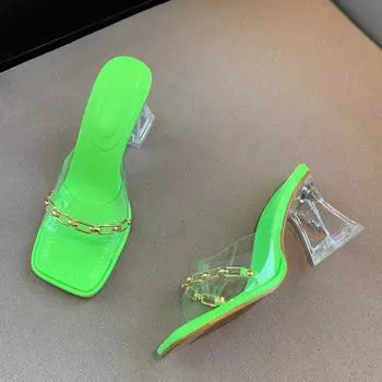 Прозрачная обувь из ПВХ, женские шлепанцы, летние уличные модные сандалии с открытым носком и цепочкой, шлепанцы на высоком каблуке из прозрачного плексигласа, размер 35–39 35 розовый