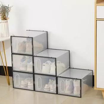Прозрачная пластиковая коробка для обуви, экономящая место, штабелируемая коробка для хранения обуви, контейнер для кроссовок, контейнер с крышкой, органайзер для обуви для шкафа чёрный
