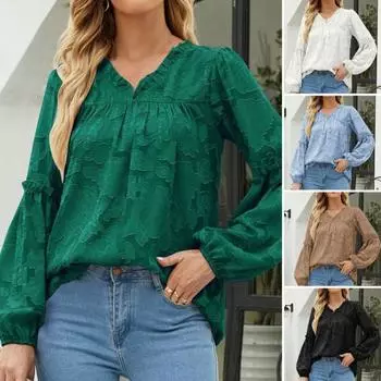 Прозрачная плиссированная свободная пуловерная рубашка с V-образным вырезом и рюшами, осенняя женская рубашка