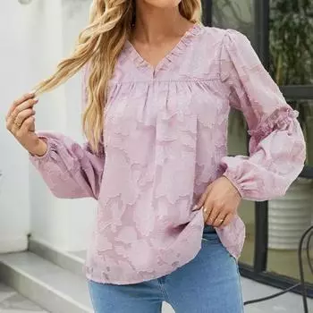 Прозрачная плиссированная свободная рубашка с V-образным вырезом и рюшами, женская пуловерная рубашка с цветочной текстурой