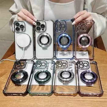 Прозрачная подушка безопасности подходит для Apple 15 Чехол для мобильного телефона Магнитный присоска Iphone14 Гальваническое покрытие 16promax Противоударный жесткий чехол iPhone15