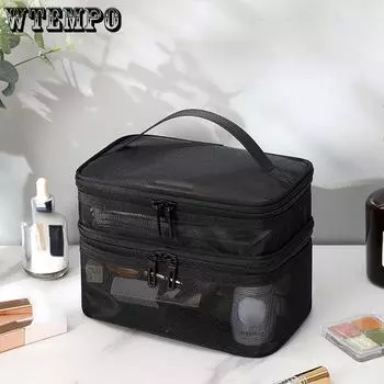 Прозрачная портативная косметичка, сетчатая двухслойная сумка для туалетных принадлежностей для ванной, большая вместительная сумка для хранения, контейнеры-органайзеры чёрный