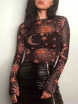 Прозрачная сетчатая сексуальная футболка с принтом Солнца и Луны, женская тонкая базовая повседневная женская футболка с круглым вырезом и длинным рукавом S чёрный