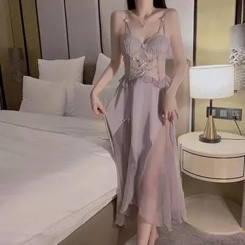 Прозрачная сексуальная ночная рубашка для женщин с подтяжками на груди, длинная домашняя шелковая пижама для женщин M