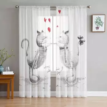 Прозрачная штора с изображением кошки и кошки для гостиной, тюлевая занавеска для спальни, кухни, оконная вуаль, шторы 135W x 114H(cm)