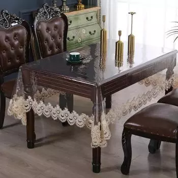 Прозрачная скатерть из ПВХ. Водонепроницаемая, маслостойкая, прозрачный коврик для журнального столика. Моющаяся и нескользящая скатерть с кружевным краем. 85x85cm