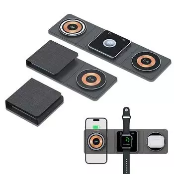 Прозрачная складная беспроводная зарядная станция 3 в 1, двойная магнитная беспроводная зарядная панель для нескольких устройств iPhone, AirPods, Apple Watch чёрный