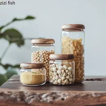 Прозрачная стеклянная банка для хранения, бытовая крышка из акации, круглая банка для чая, банки для хранения сухофруктов, различные банки для хранения зерна